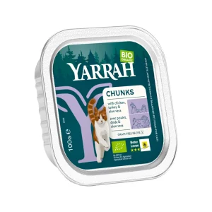 100% Bio | Organisch Yarrah | Katzenfutter Bröckchen Huhn & Truthhahn mit Aloe Vera in Soße