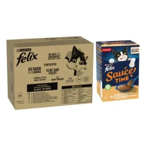 120 x 85 g Jumbopack Felix + 24 x 40 g Sauce Time mit dem Geschmack von Huhn & Truthahn gratis! "So gut wie es aussieht" Gelee: Fisch Mixpaket 1 (Thunfisch, Lachs, Kabeljau, Seelachs)