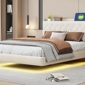140 x 200 cm riesiges gepolstertes Leinenbett – mit USB- und LED-Ladeanschluss – mit Lattenrost – Sandfarben - HaustierPro