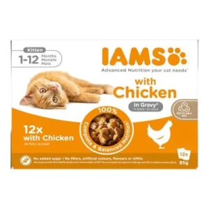 36 + 12 gratis! 48 x 85 g IAMS Advanced Nutrition Kitten Huhn in Sauce