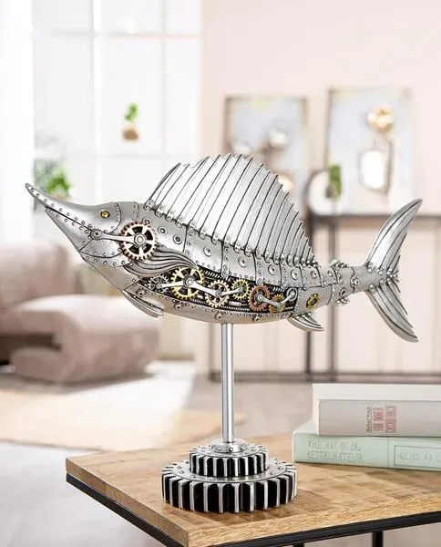 Aquarium-sichere Figur, Schwertfisch, "Steampunk Sailfish", Zahnradmotiv, Kunstharz, silberfarben, L. 14 cm, B. 50 cm, H. 36 cm - HaustierPro