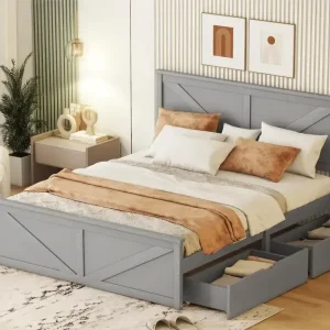 Bett mit Kopfteil und 4 Schubladen – 140 x 200 cm – Kiefer – Lattenrost – Farbe Grau - HaustierPro