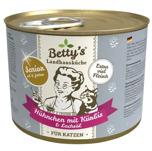Bettys Landhausküche Katze Dose Senior Hühnchen mit Kürbis & Lachsöl 200 g