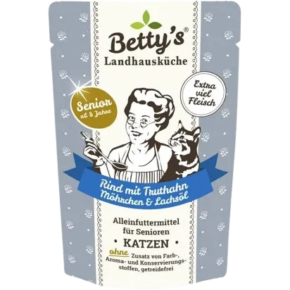 Bettys Landhausküche Katze FB Senior Rind, Truthahn mit Möhrchen & Lachsöl 100 g