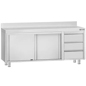 Bio-zertifiziert Edelstahl Arbeitsschrank ECO - 2000x600mm - mit 3 Schubladen rechts & Aufkantung - HaustierPro