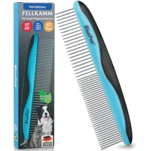 BluePet Hundekamm & Katzenkamm, Fellkamm mit gummiertem Griff, Knotenkamm Fellkamm mit gummiertem Griff 17cm Blau