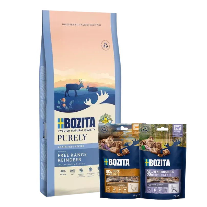 Bozita Dog Purely Adult Active mit Rentier 11 kg & 2 x GRATIS Bozita Snacks (Ente, Hirsch)