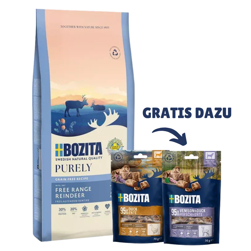 Bozita Dog Purely Adult Active mit Rentier 11 kg & 2 x GRATIS Bozita Snacks (Ente, Hirsch) - Image 2