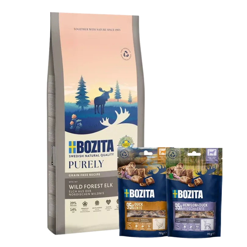 Bozita Dog Purely Puppy & Junior Large mit Elch 11 kg & 2 x GRATIS Bozita Snacks (Ente, Hirsch)