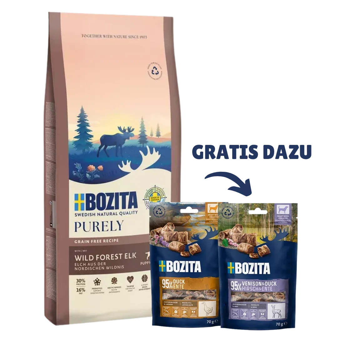 Bozita Dog Purely Puppy & Junior Small Elch 11 kg & 2 x GRATIS Bozita Snacks (Ente, Hirsch) - Image 2