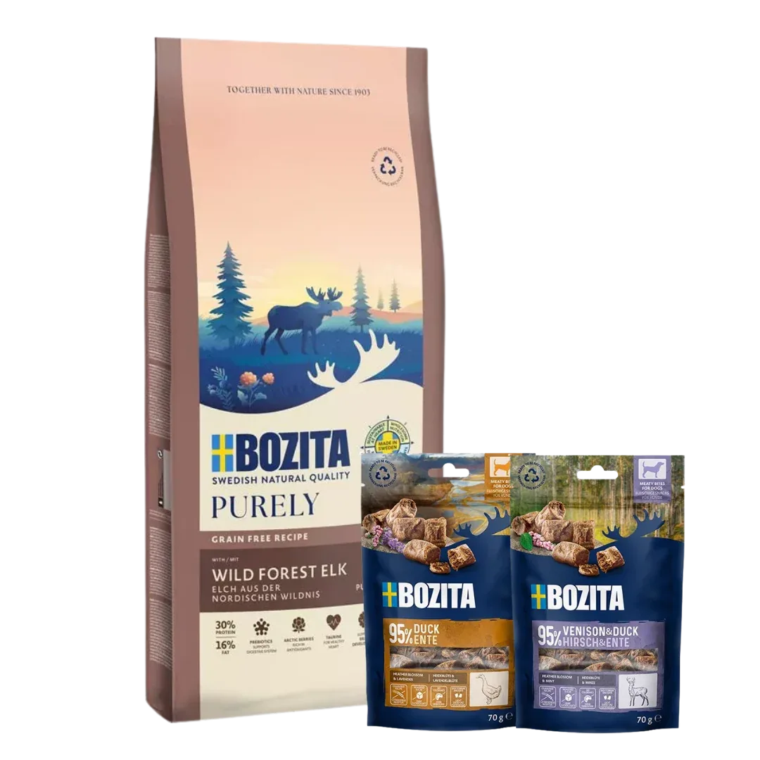 Bozita Dog Purely Puppy & Junior Small Elch 11 kg & 2 x GRATIS Bozita Snacks (Ente, Hirsch)