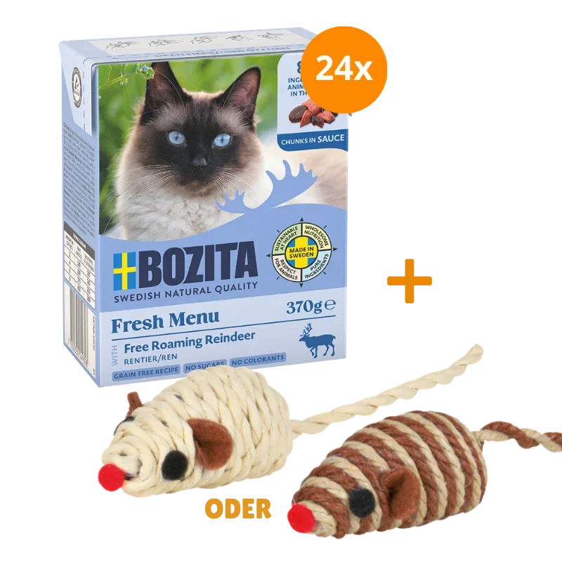 Bozita Häppchen in Soße Rentier 24 x 370 g + GRATIS TRIXIE Spielmaus