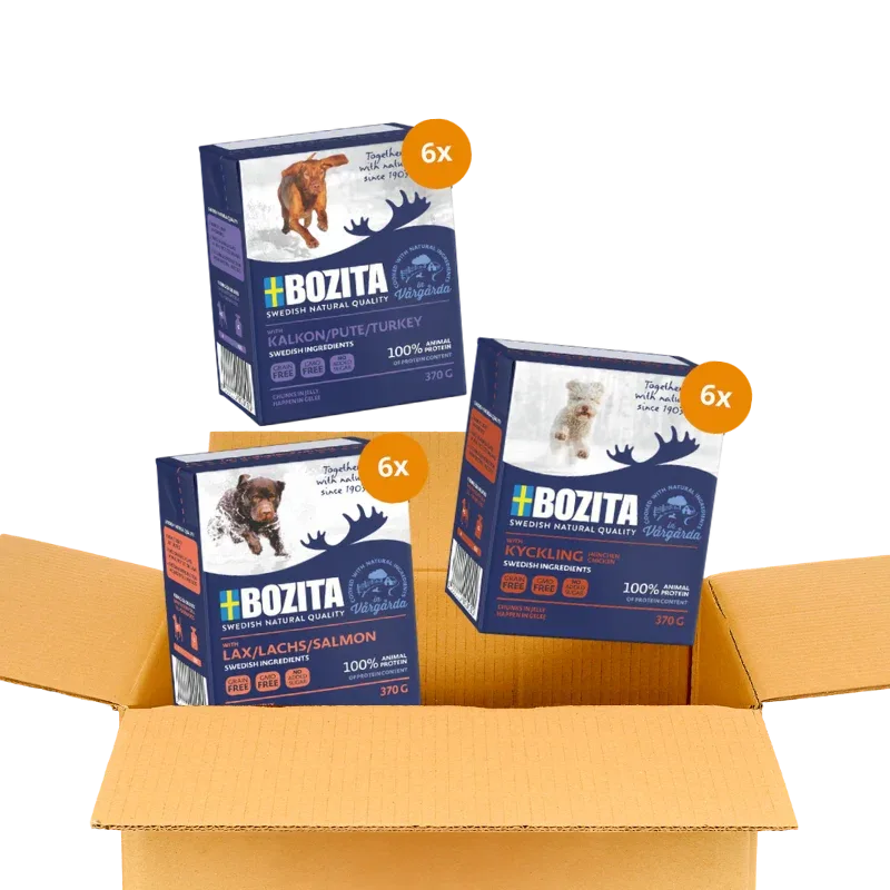 Bozita Happen 24 x 370 g – Probiermix in Gelee: Lachs. Pute & Hühnchen