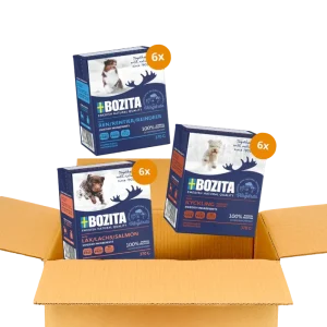 Bozita Happen 24 x 370 g – Probiermix in Gelee: Lachs, Rentier & Hühnchen