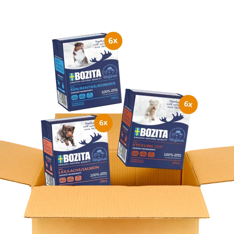 Bozita Happen 24 x 370 g – Probiermix in Gelee: Lachs, Rentier & Hühnchen