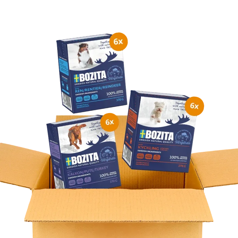 Bozita Happen 24 x 370 g – Probiermix in Gelee: Pute, Rentier & Hühnchen