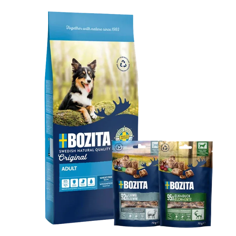 Bozita Original 12 kg & 2 x GRATIS Bozita Snacks (Elch, Lamm)