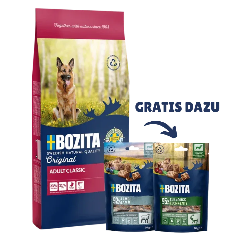 Bozita Original Adult Classic 12 kg & 2 x GRATIS Bozita Snacks (Elch, Lamm) - Image 2