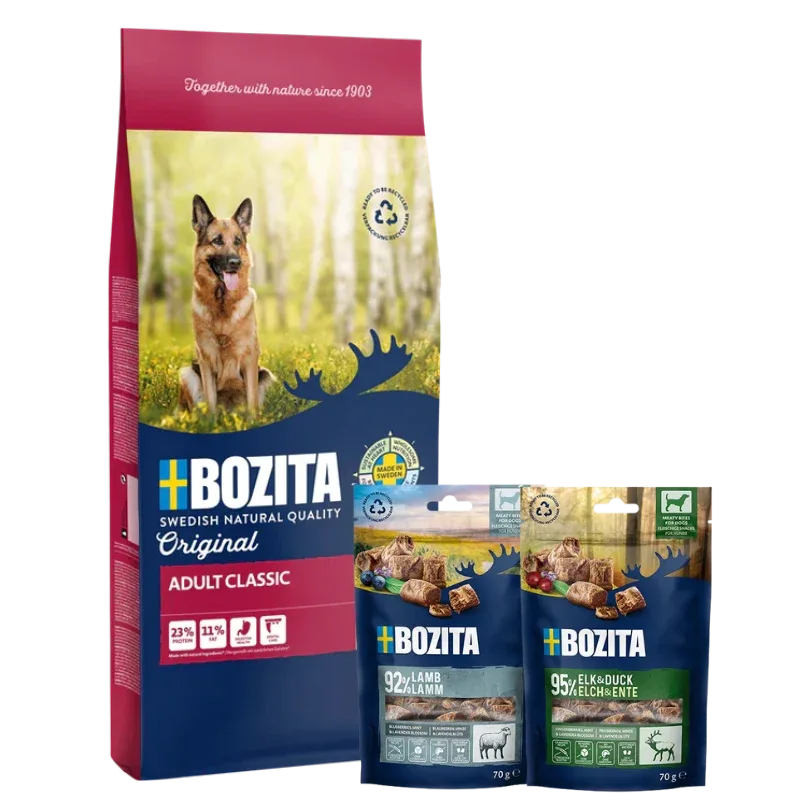 Bozita Original Adult Classic 12 kg & 2 x GRATIS Bozita Snacks (Elch, Lamm)