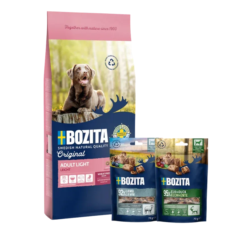 Bozita Original Adult Light 12 kg & 2 x GRATIS Bozita Snacks (Elch, Lamm)