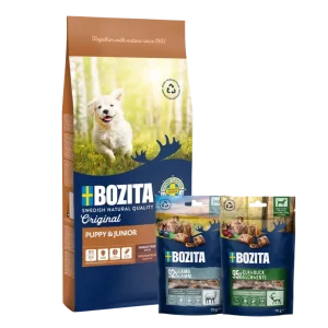 Bozita Original Puppy & Junior 12 kg & 2 x GRATIS Bozita Snacks (Elch, Lamm)