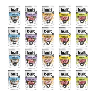 BULT Fleischreiches Nassfutter für erwachsene Hunde – Dosen-Mix ohne Huhn 20 x 400 g – Rind, Ente, Lamm, Pute & Kabeljau