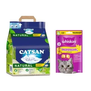 Catsan Katzenstreu + Whiskas/Dreamies Snack gratis! 8 l Natural Klumpstreu + 60 g Whiskas Knuspertaschen mit Huhn & Käse