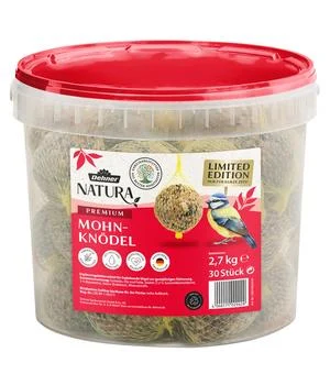 Dehner Natura Premium Wildvogelfutter Mohn-Meisenknödel im Eimer, mit Netz, 30 Stk.