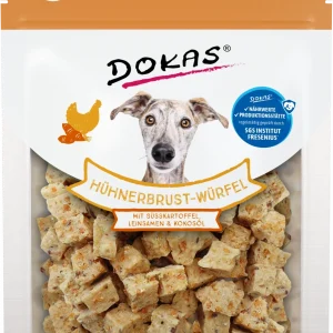 DOKAS Hühnerbrust-Würfel Süßkartoffel, Leinsamen & Kokosöl 150 g | Hundesnack