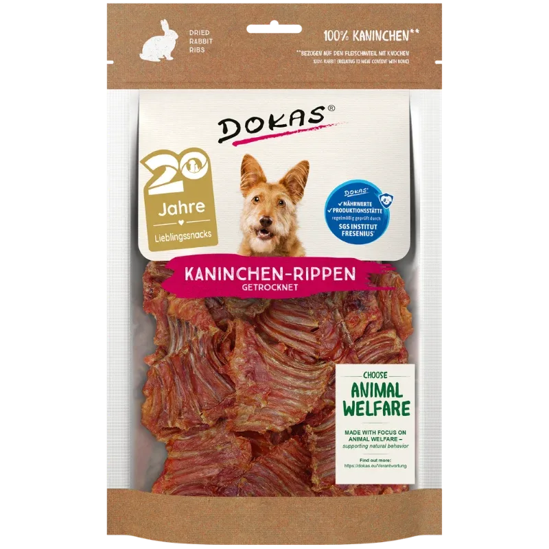 DOKAS Kaninchen Rippen getrocknet 100 g | Hundesnack
