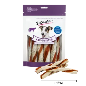 Dokas Kau Twister Rinderhaut für Hunde – Entenherz & Pansen, 200 g
