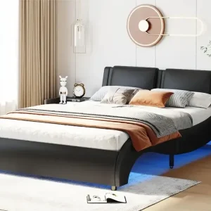 Doppelbett aus Kunstleder 140x200cm mit LED und Lattenrost - Schwarz - HaustierPro