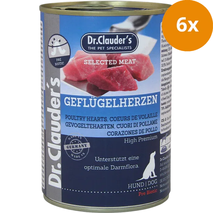 Dr Clauder Nassfutter für Hund Selected Meat Geflügelherzen 6 x 400g