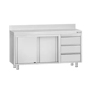 Edelstahl Arbeitsschrank ECO - 1400x600mm - mit 3 Schubladen rechts & Aufkantung - HaustierPro