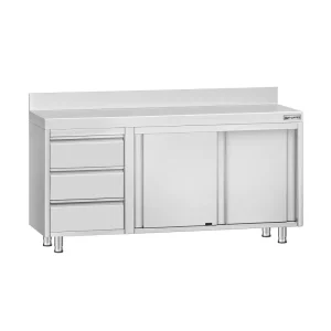 Edelstahl Arbeitsschrank ECO - 1600x700mm - mit 3 Schubladen links & Aufkantung - HaustierPro