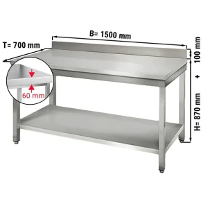 Edelstahl Arbeitstisch ECO - 1500x700mm - mit Grundboden & Aufkantung - HaustierPro