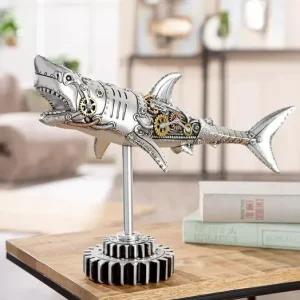 Figur, Hai, "Steampunk Shark", Zahnradmotiv, Kunstharz, silberfarben, L. 12 cm, B. 38 cm, H. 30 cm für Süßwasseraquarien - HaustierPro
