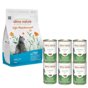 Gemischtes Probierpaket Almo Nature 2 kg Functional Fettfisch & Reis + 6 x 140 g Classic Pazifikthunfisch