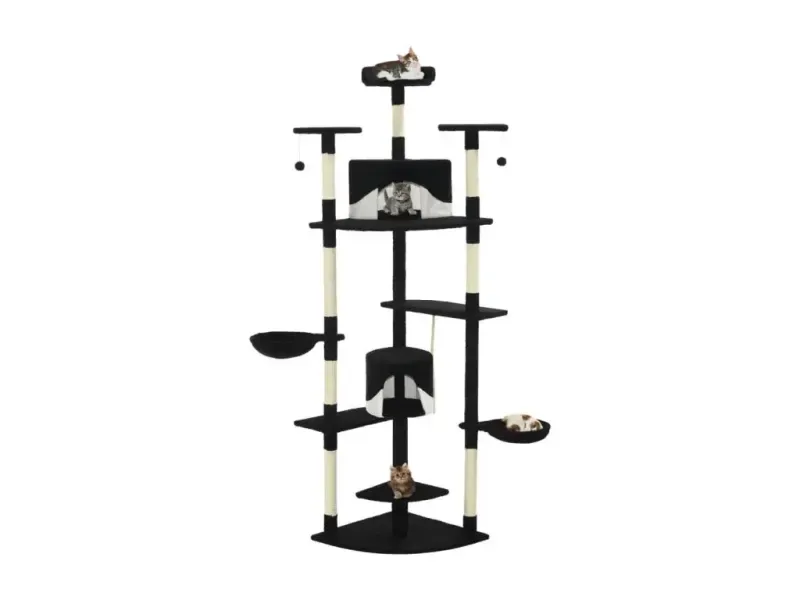 Gepolstertes Katzen-Kratzbaum mit Sisal-Kratzsäulen 203 cm Schwarz und Weiß - HaustierPro