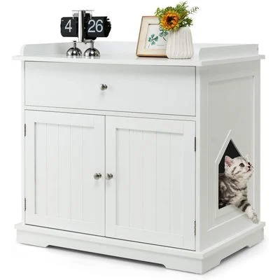 GIANTEX 3-in-1-Katzenmöbel,Verdeckte Katzentoilette Mit Schublade,Doppeltür Weiß