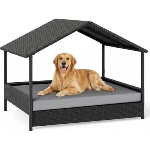 GIANTEX Outdoor Hundebett Erhöht,Rattan Mit Kissen & Schrägdach, Wetterfest Grau