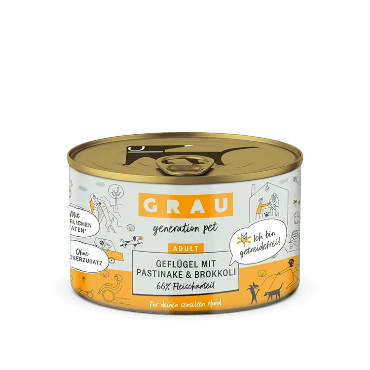Grau Hund Geflügel mit Pastinake/Brokkoli