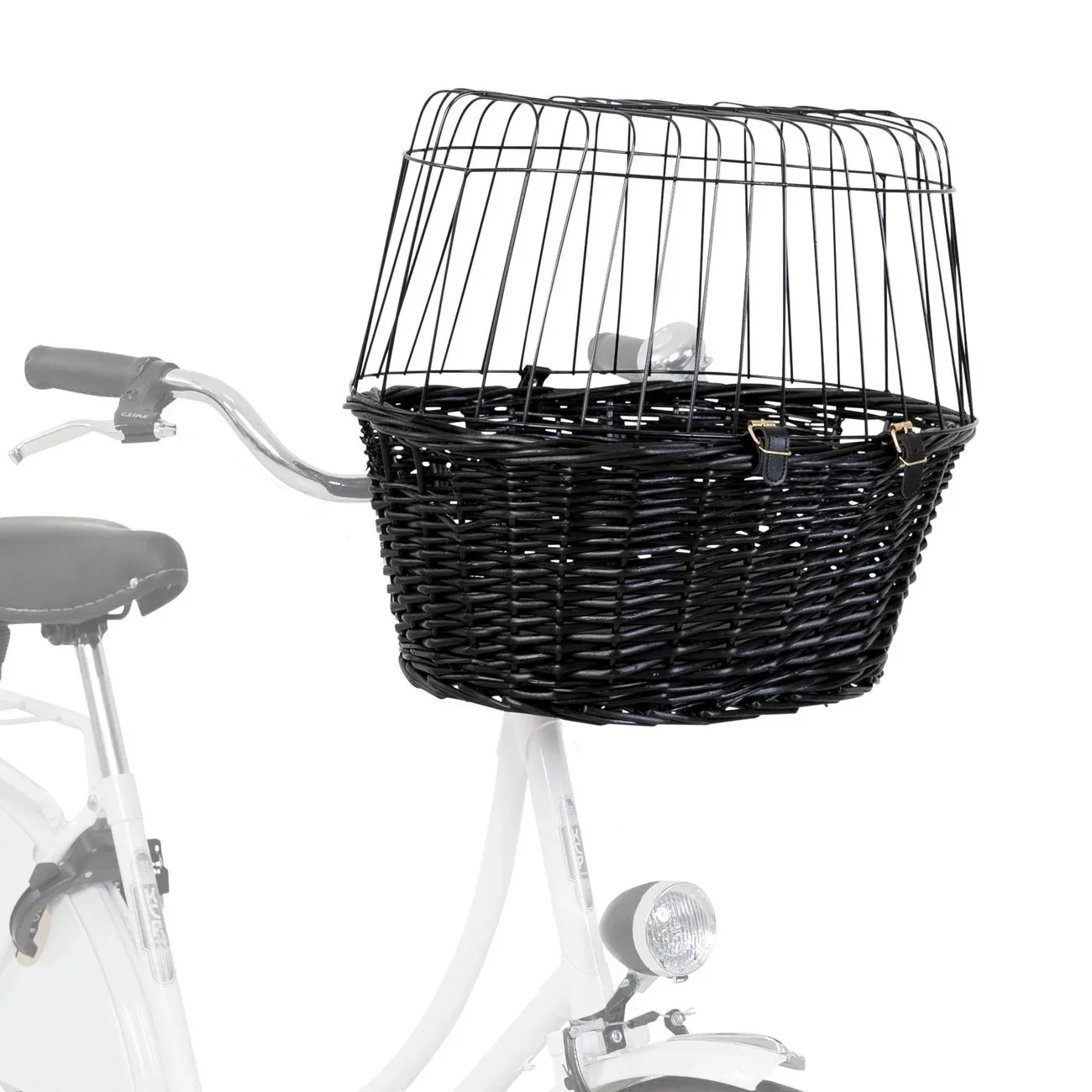 Hundefahrradkorb aus schwarzer Weide mit Gitter