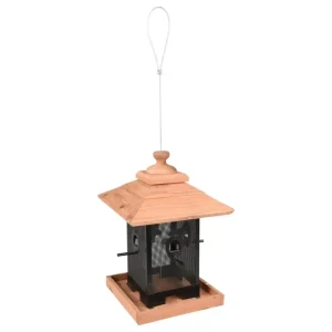 Hygienischer Edelstahl FLAMINGO Futtersilo für Vögel Zulma 22 cm Holz Schwarz und Braun - HaustierPro