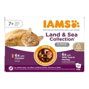 IAMS Advanced Nutrition Senior 7+ Land & Sea Collection in Sauce Mixpaket 1 (12 x 85 g, 2 Sorten)