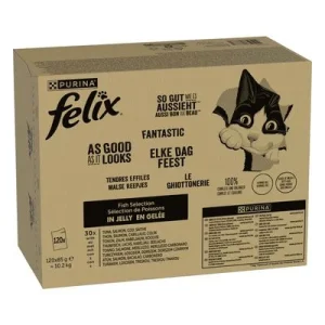 Jumbopack Felix "So gut wie es aussieht" Gelee 120 x 85 g Fisch Mixpaket 1 (Thunfisch, Lachs, Kabeljau, Seelachs)