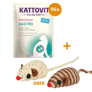 Kattovit Feline Diet Gastro Lachs & Reis 96 x 85 g + GRATIS TRIXIE Spielmaus