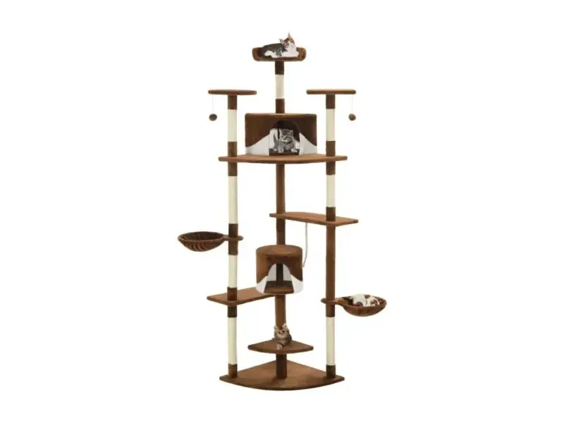 Katzen-Kratzbaum mit Sisal-Kratzsäulen 203 cm Braun und Weiß aus Echtleder - HaustierPro