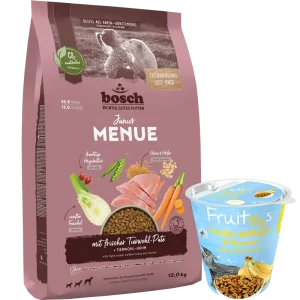 Kombipaket bosch HPC MENUE Junior Tierwohl-Pute + GRATIS bosch Fruitees frisches Geflügel & Banane