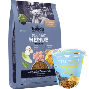 Kombipaket bosch HPC MENUE Mini Adult Tierwohl-Huhn + GRATIS bosch Fruitees frisches Geflügel & Banane